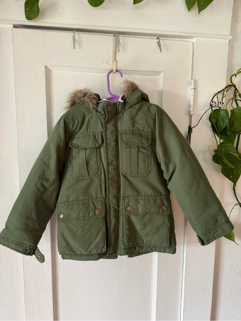 Carter's Olive Green Hooded Puffer Coat with Faux Fur Trim m size 5-6